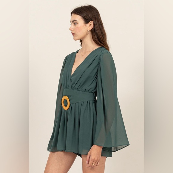 36B. Plunging Neck Line Bell Sleeve Romper - Green - Picture 4 of 5